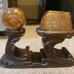Smoky quartz mixed rutile sphere and freeform in sandalwood stand